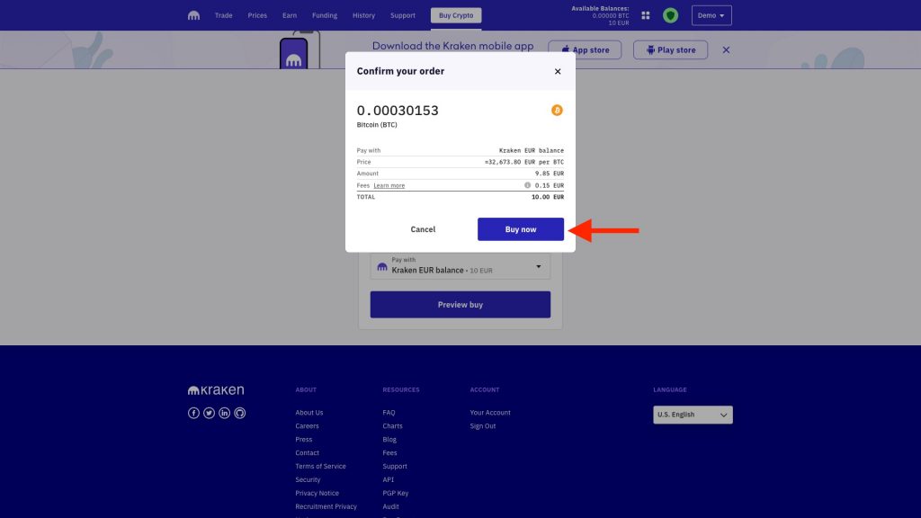 Screenshot Kraken Bitcoin Kaufbestätigung